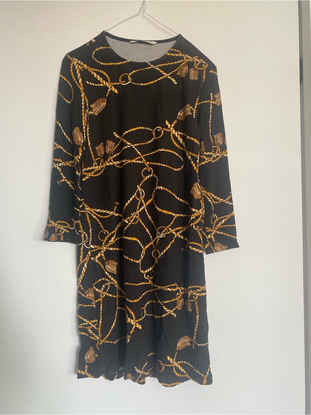 stradivarius Black Long Sleeve Dress with Gold Rope Print